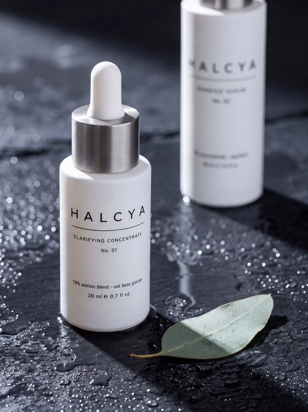 Halcya Clarifying Concentrate dropper bottle on wet dark slate beside a eucalyptus leaf.